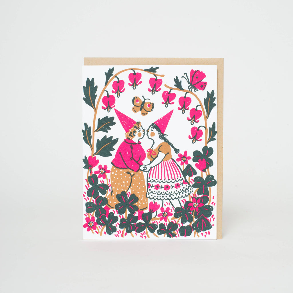 Kissing Butterflies Gnomes Letterpress Greeting Card