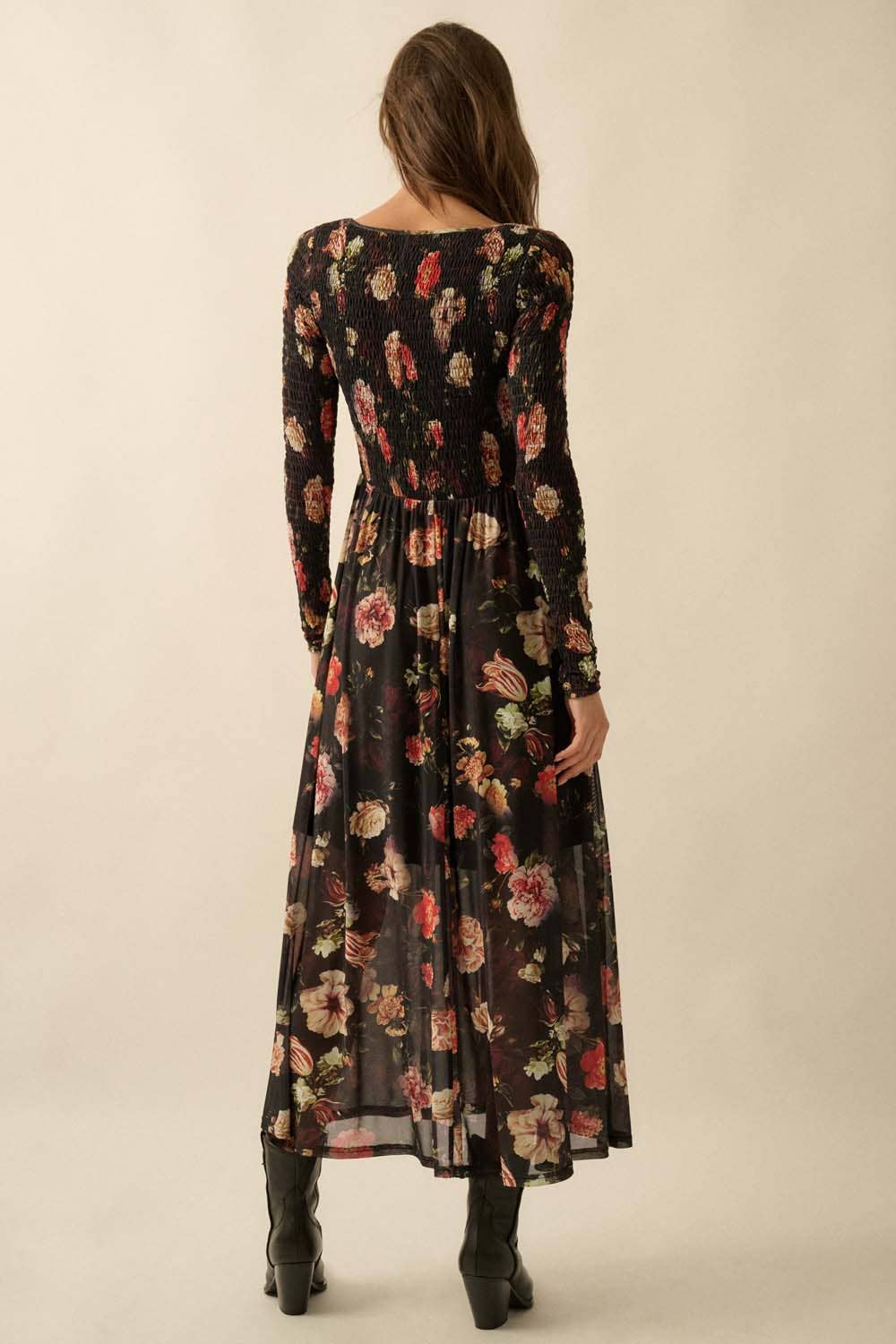 Floral-Print Mesh Smocked Long-Sleeve Maxi Dress