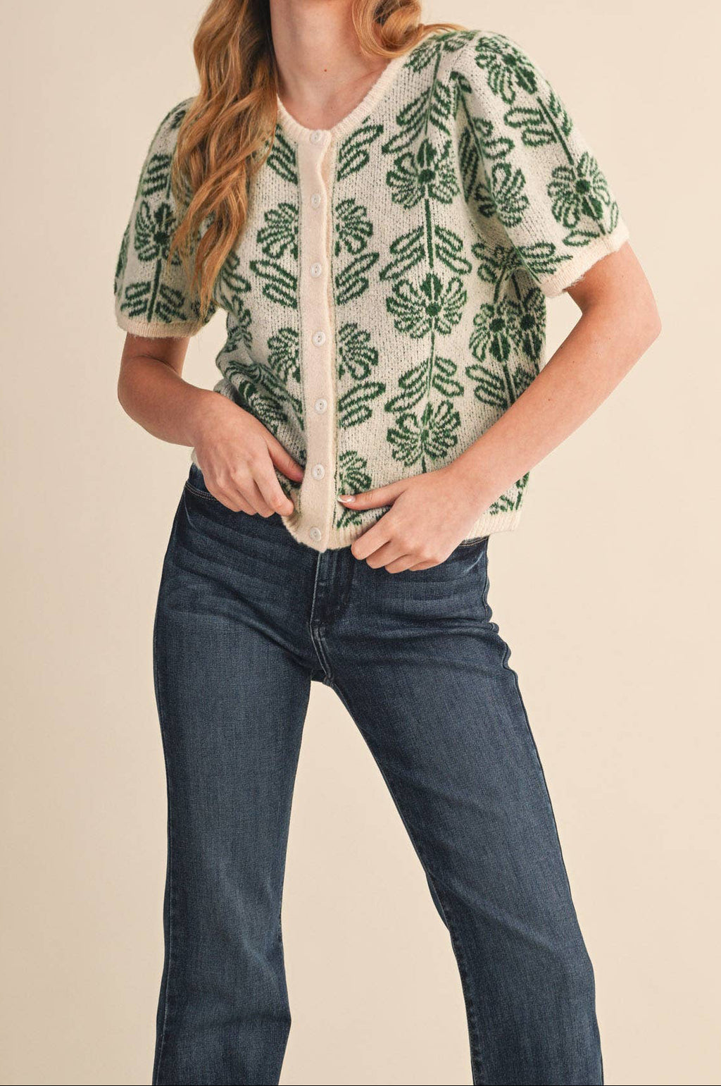 Puff Sleeve Green Floral Short Sleeve Cardigan