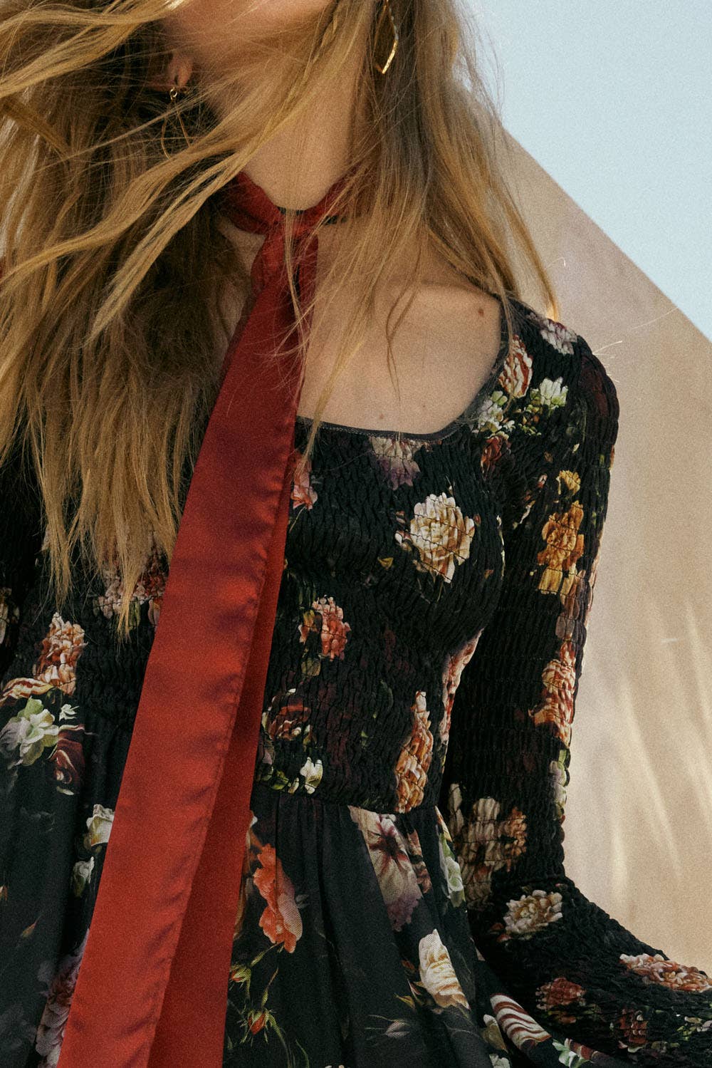 Floral-Print Mesh Smocked Long-Sleeve Maxi Dress