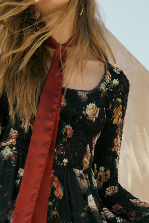 Floral-Print Mesh Smocked Long-Sleeve Maxi Dress