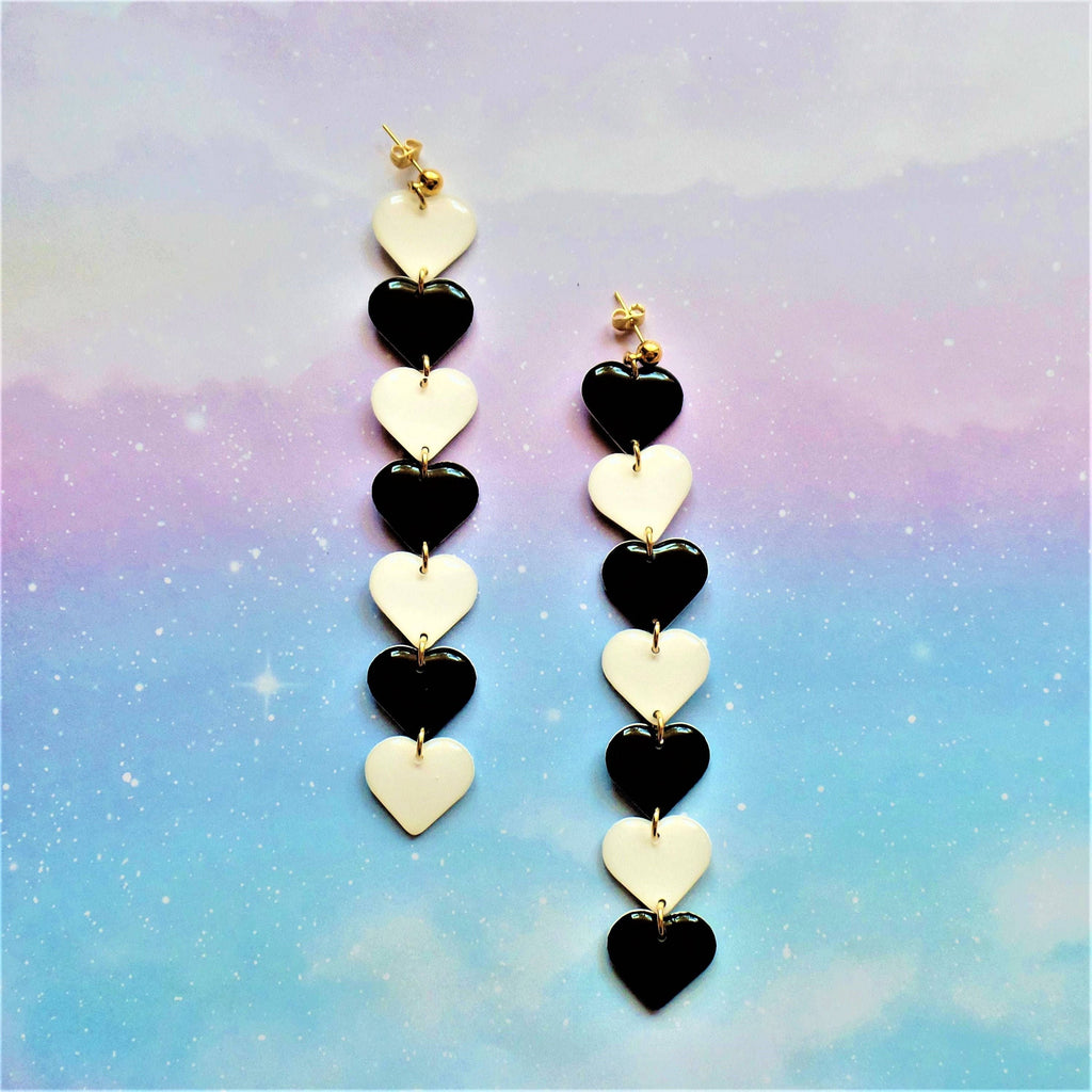 Black White Heart Resin Duster Earrings
