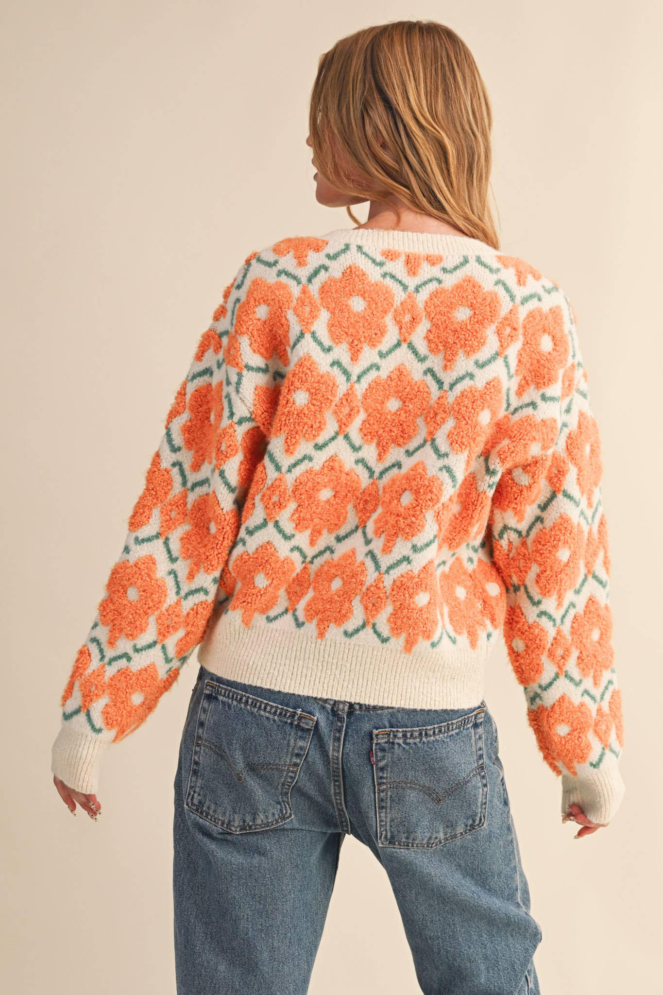 Fuzzy Orange Floral Sweater
