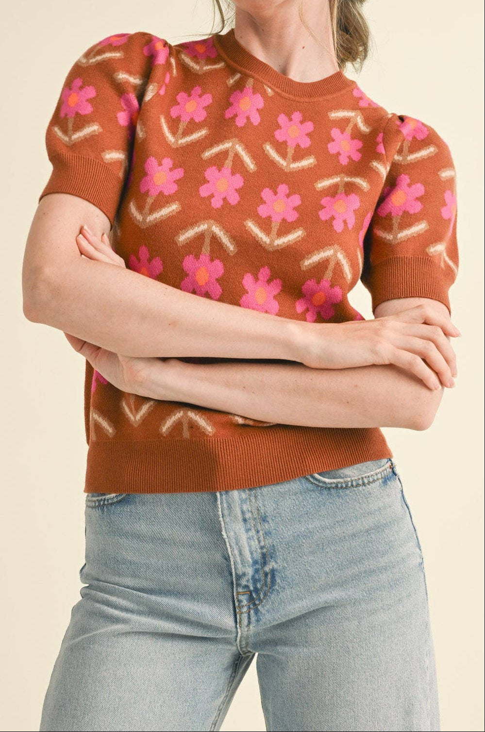 Short Sleeve Floral Sweater