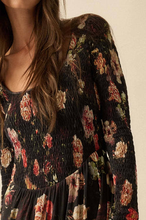 Floral-Print Mesh Smocked Long-Sleeve Maxi Dress