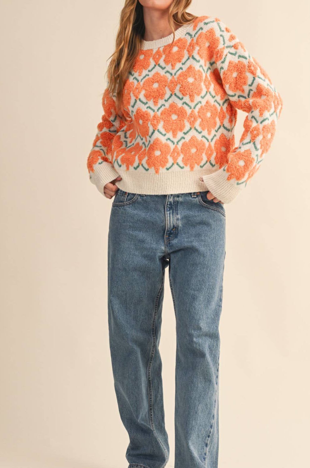 Fuzzy Orange Floral Sweater