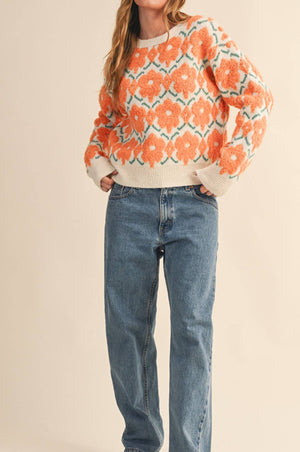 Fuzzy Orange Floral Sweater