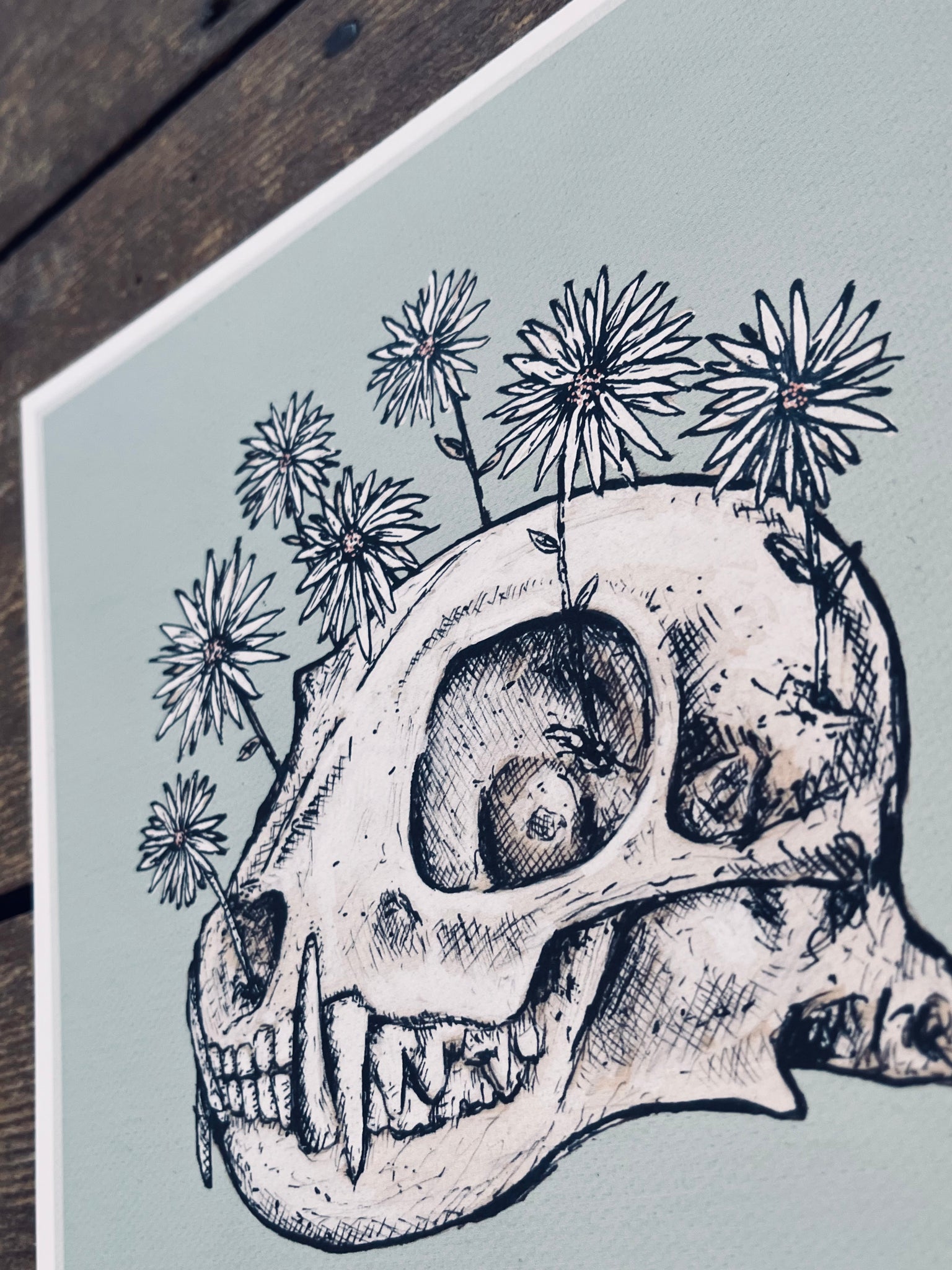 Skull and Flowers Green 8x8in Giclee Print