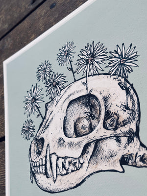 Skull and Flowers Green 8x8in Giclee Print
