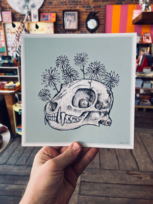 Skull and Flowers Green 8x8in Giclee Print