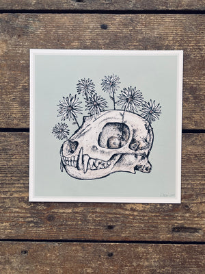 Skull and Flowers Green 8x8in Giclee Print