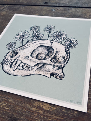 Skull and Flowers Green 8x8in Giclee Print
