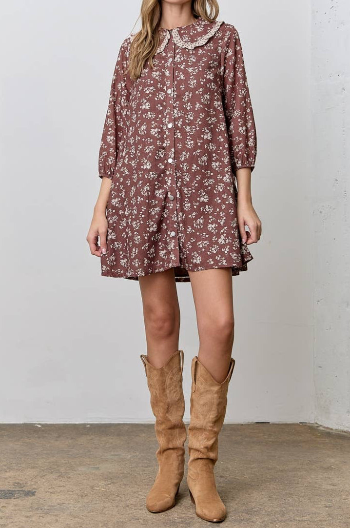 Brown Floral Bib Collar Dress