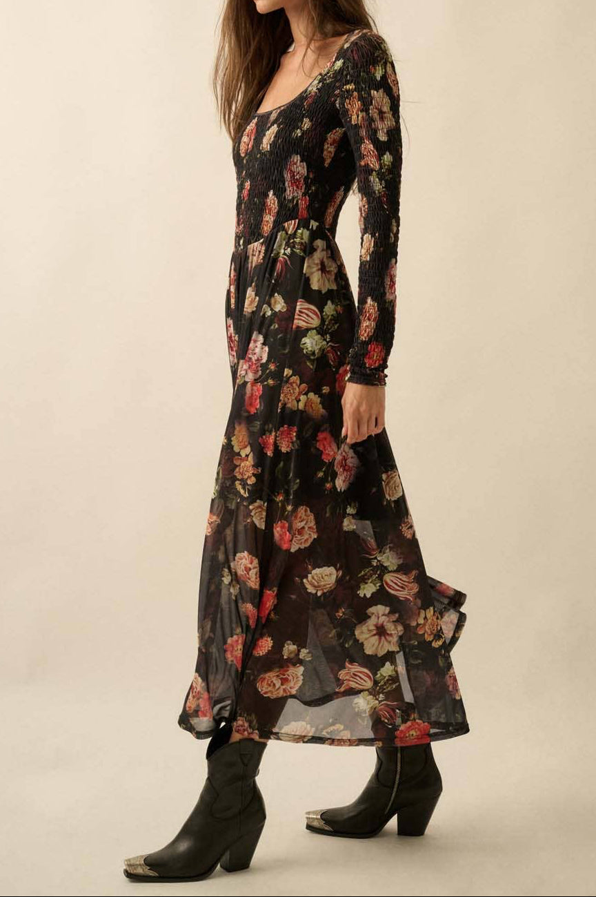 Floral-Print Mesh Smocked Long-Sleeve Maxi Dress