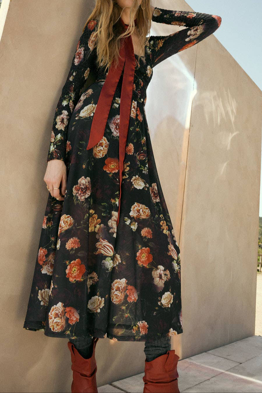 Floral-Print Mesh Smocked Long-Sleeve Maxi Dress