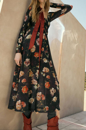 Floral-Print Mesh Smocked Long-Sleeve Maxi Dress