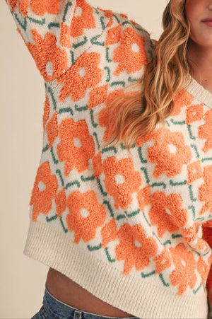 Fuzzy Orange Floral Sweater