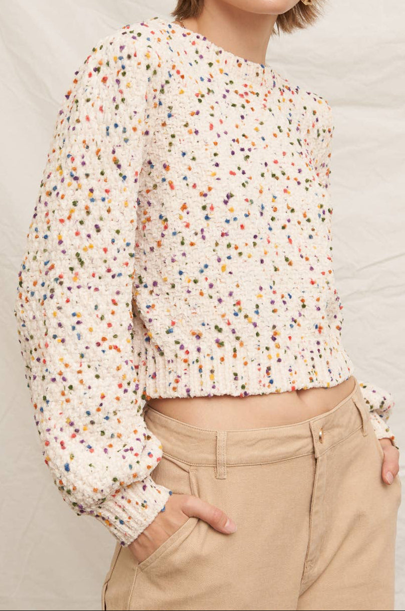 Puffed Sleeve Cropped Confetti Sweater
