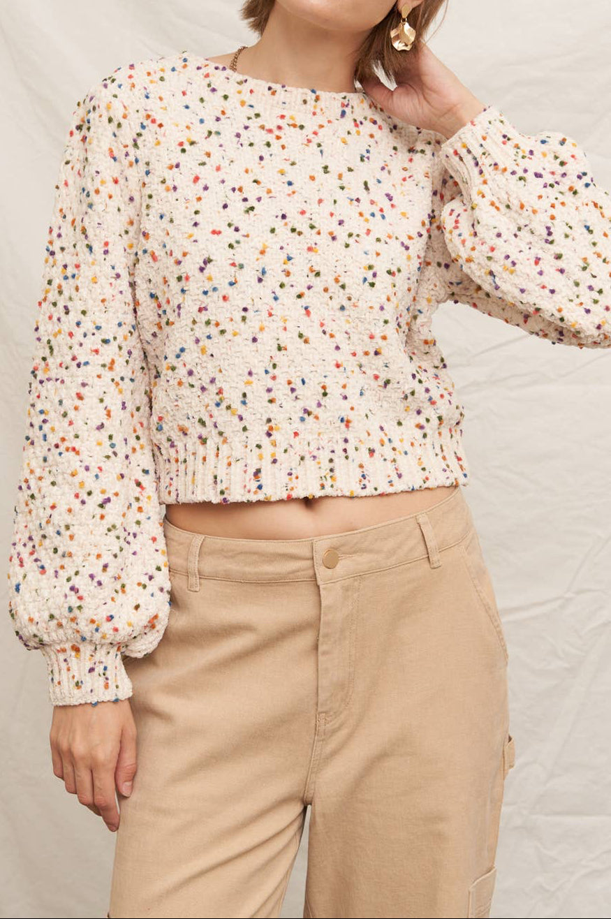 Puffed Sleeve Cropped Confetti Sweater