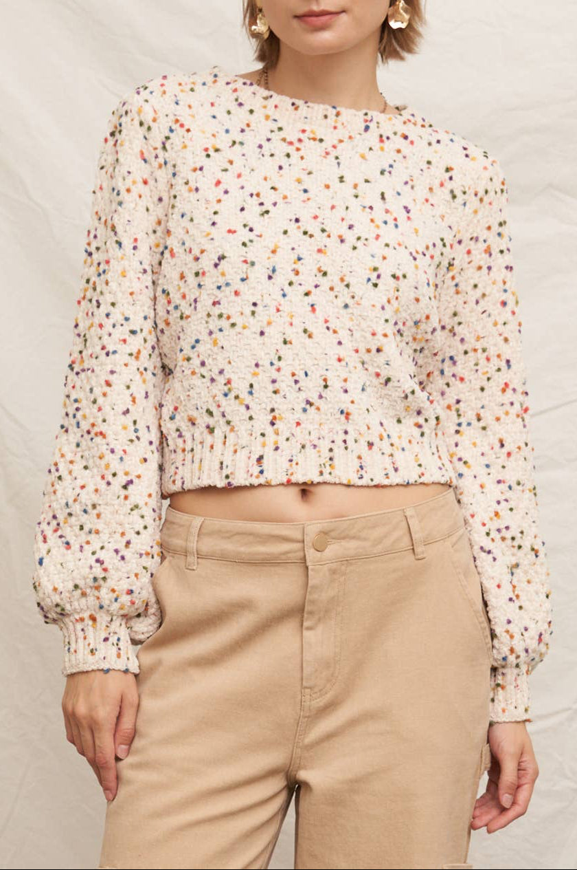 Puffed Sleeve Cropped Confetti Sweater