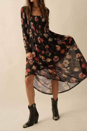 Floral-Print Mesh Smocked Long-Sleeve Maxi Dress