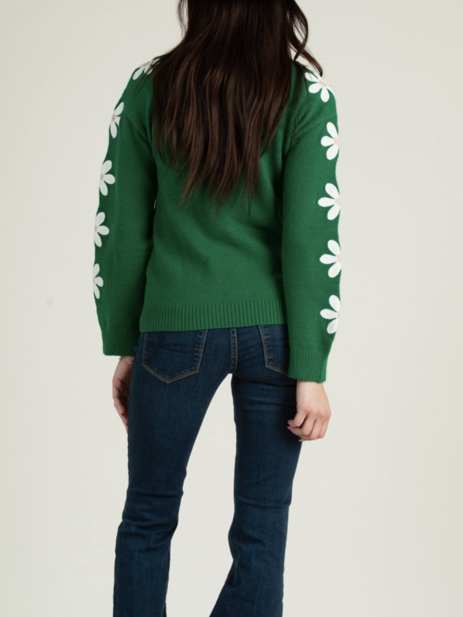 Daisy Sleeve Green Sweater