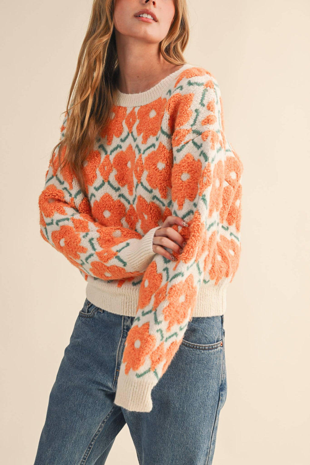 Fuzzy Orange Floral Sweater
