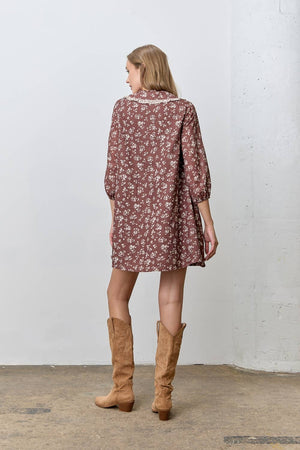 Brown Floral Bib Collar Dress