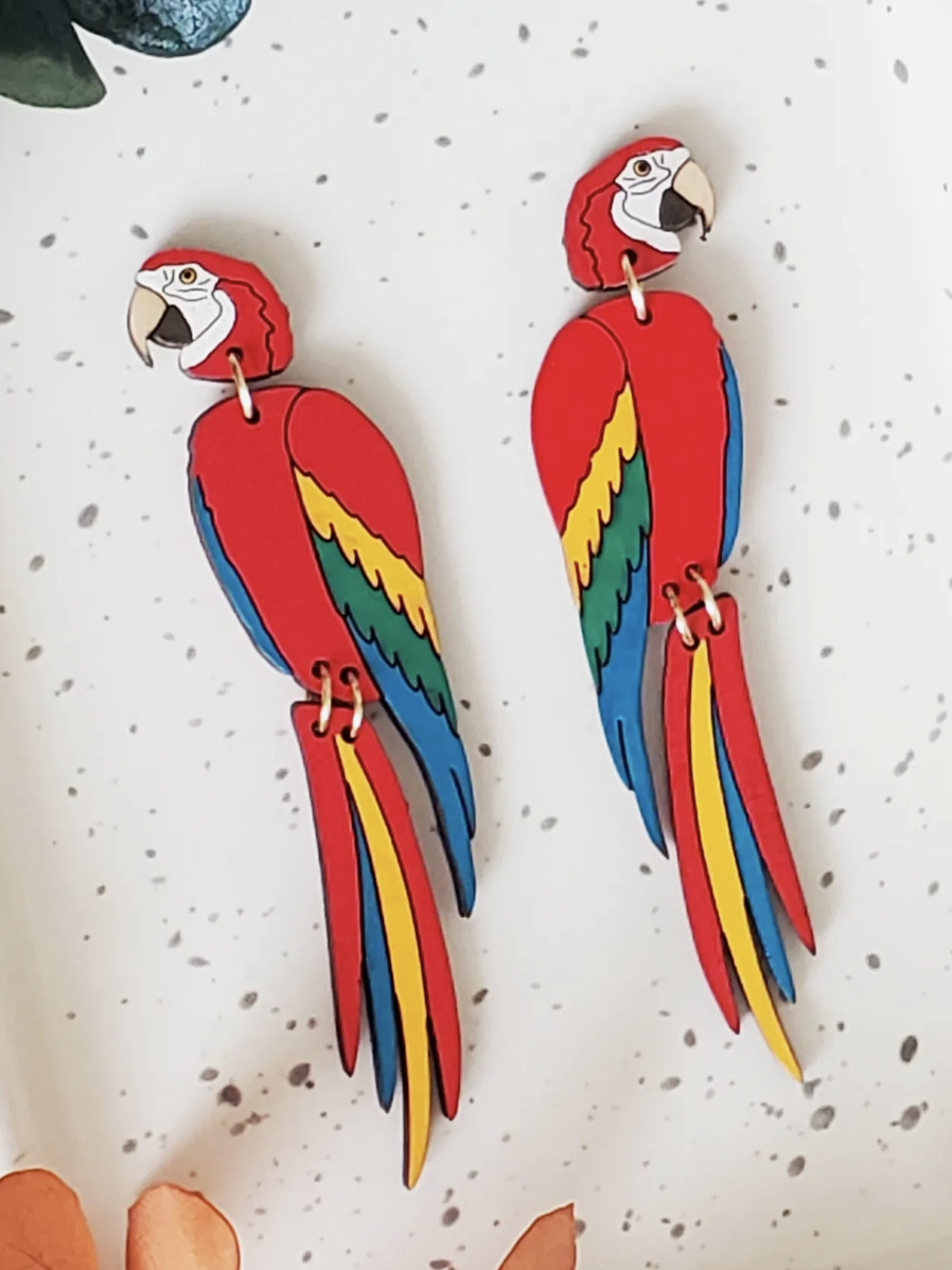 Red Macaw Stud Dangle Earrings