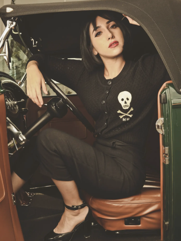 Cropped Black Cardigan Sweater with Skull