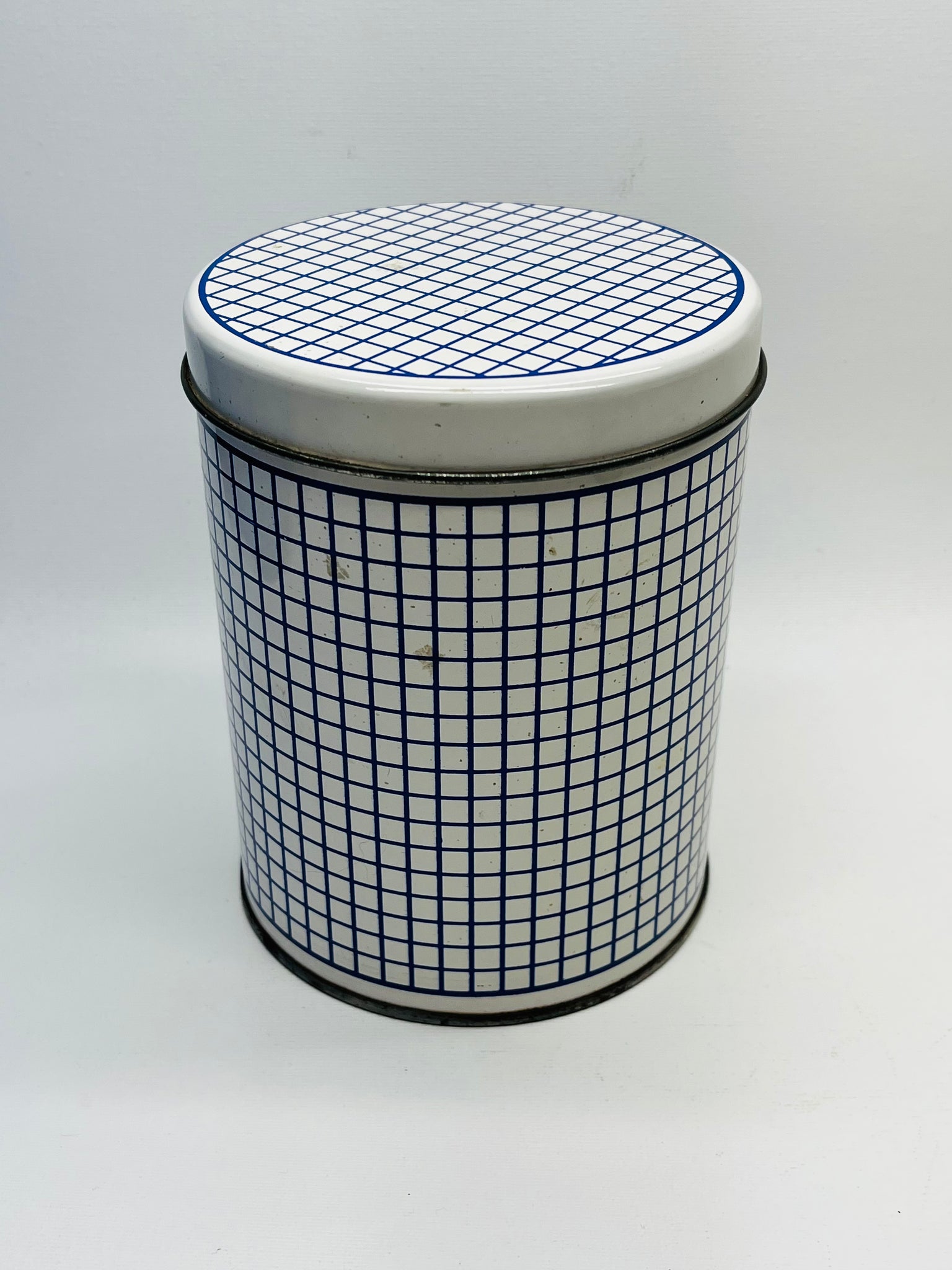 Blue + White Grid Tin