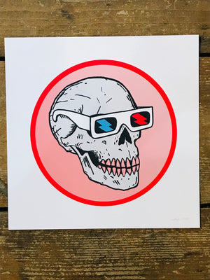 Skull with 3D Glasses 8” by 8” Giclee Print by Kris Johnsen