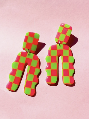 Neon Green + Pink Checkered Arch Earrings