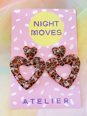 Studded Punk Heart Leopard Dangle Earrings